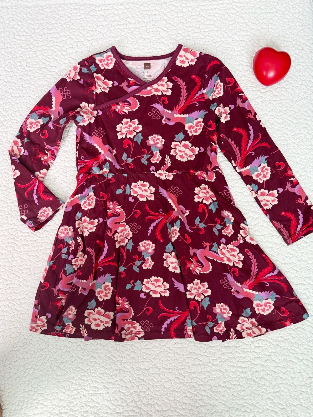 Tea Collection Burgundy Phoenix 🐦‍🔥 Floral Faux-Wrap Dress with Pink Accents